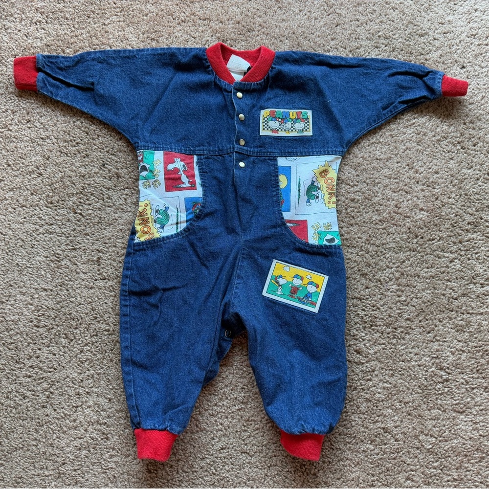 vintage peanuts denim onesie long sleeve charlie brown cartoon unisex colorful